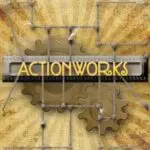 A picture of the word actionworks in yellow.