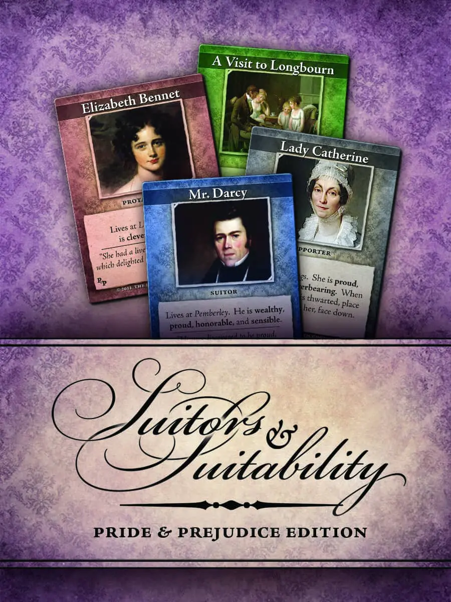 A purple background with three cards and the words suitors & suitability.