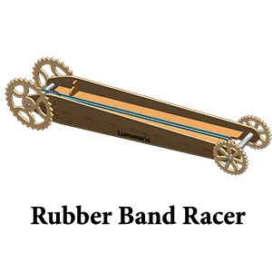 A wooden cart with wheels and rubber band racer.