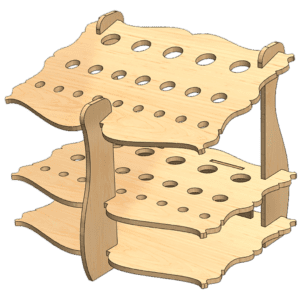 A wooden rack with holes for many things.