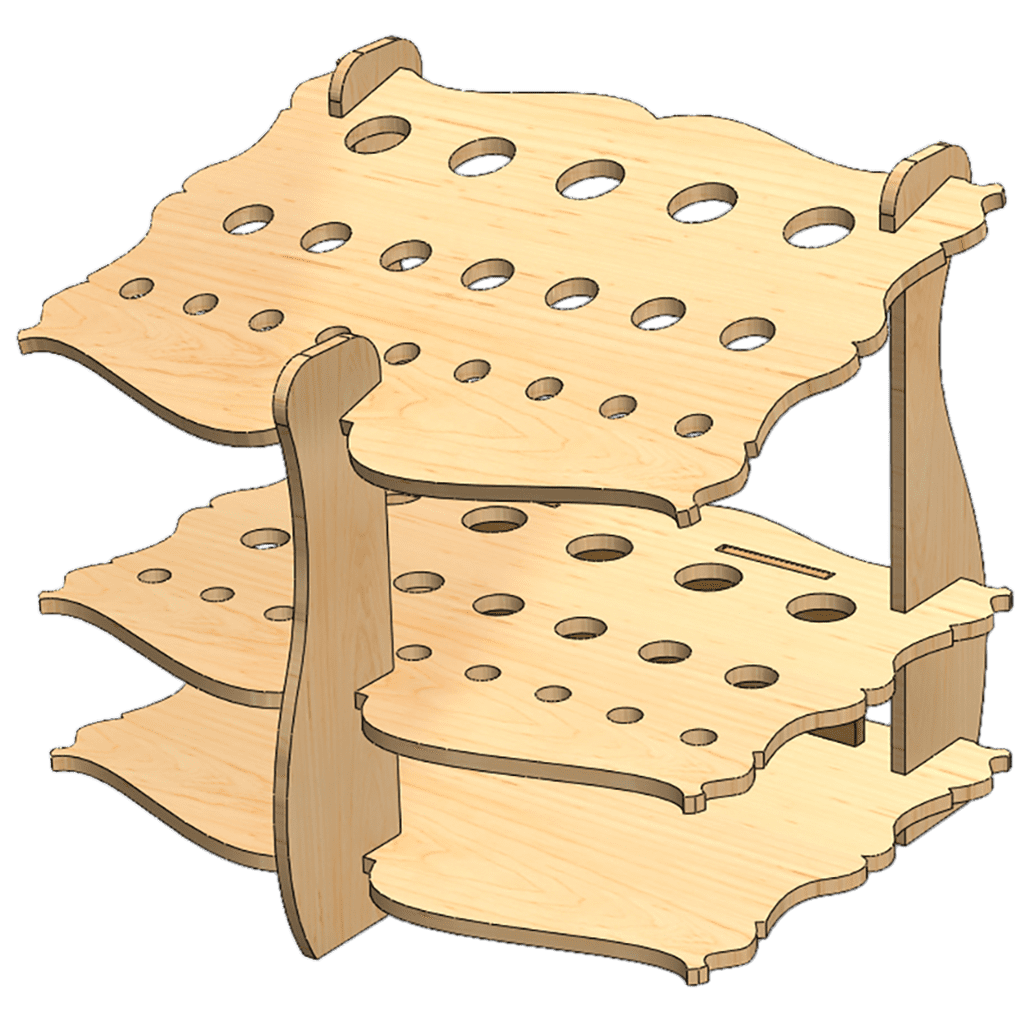 A wooden rack with holes for many things.